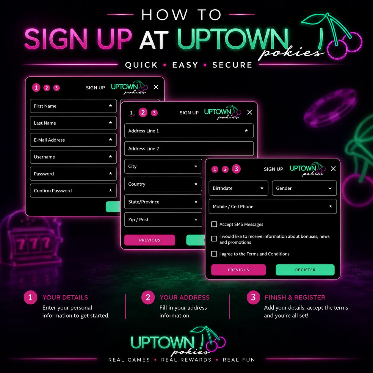 Step-by-step registration form for Uptown Pokies to easily create an account