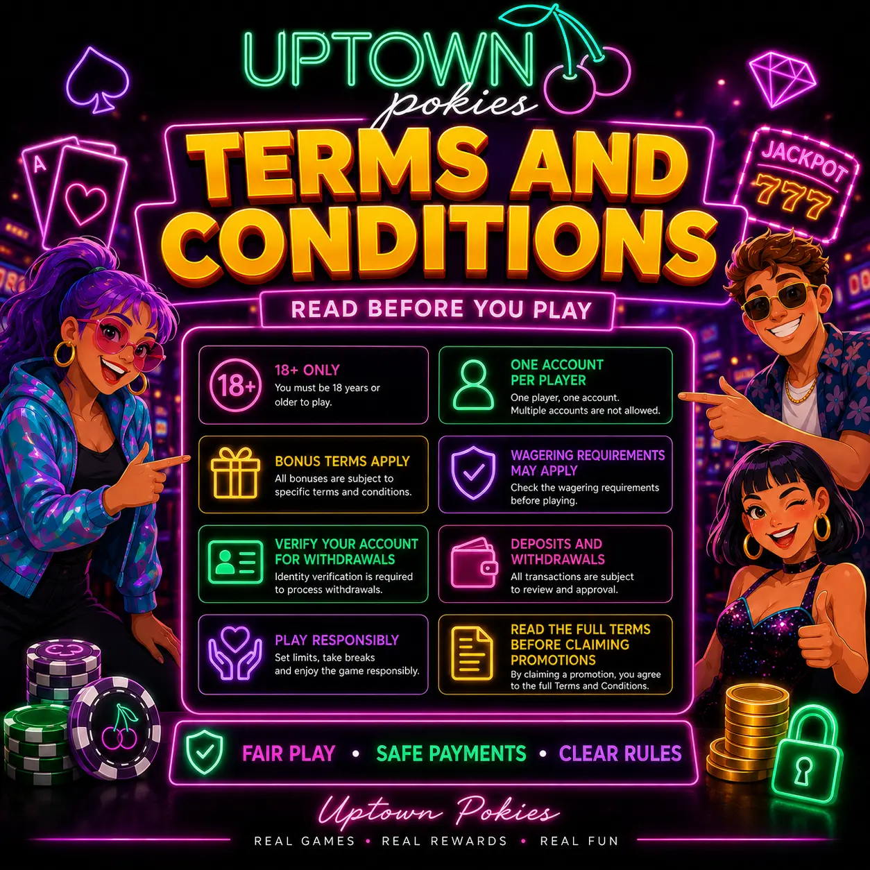Terms and conditions summary card for Uptown Pokies showing player rules and requirements